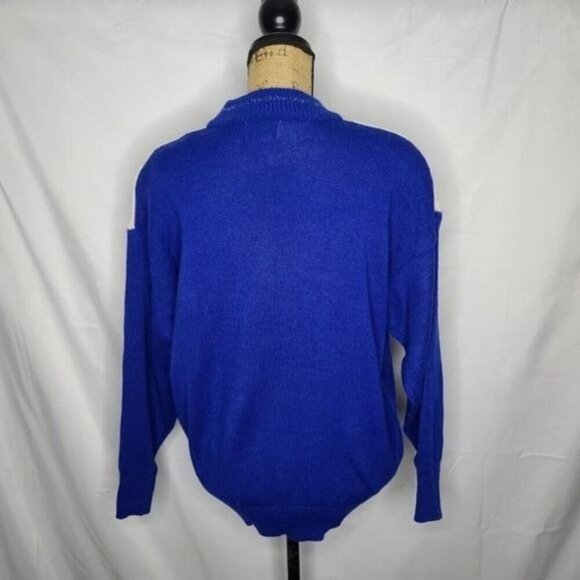 Vintage 80's Blue Silver Sparkles Geometric Wool Blend Cozy Sweater - Picture 3 of 11